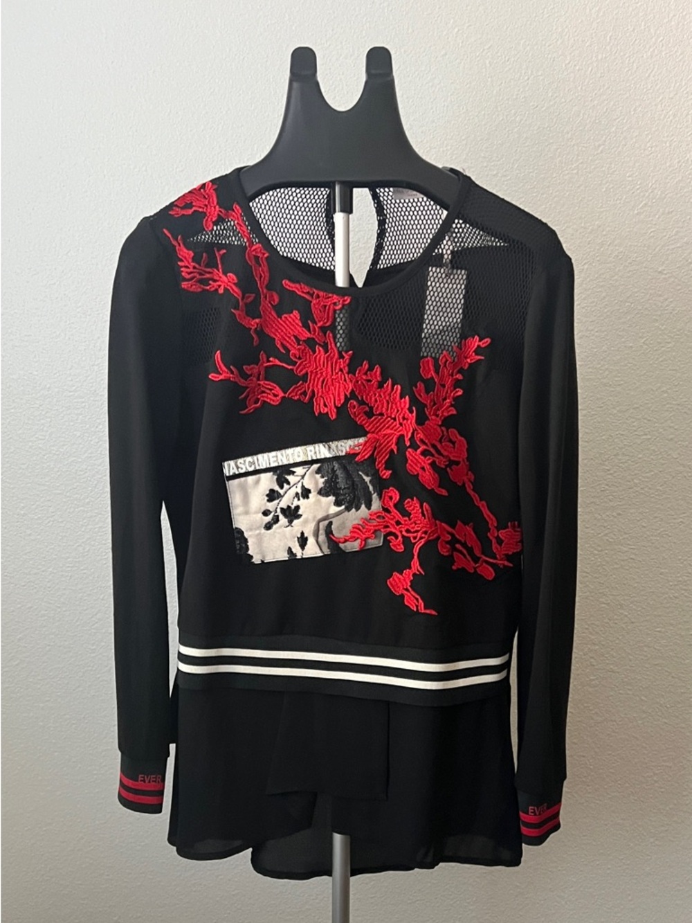NWT Italian Made Black Mesh Embroidered Top Red Floral Sheer Peplum L